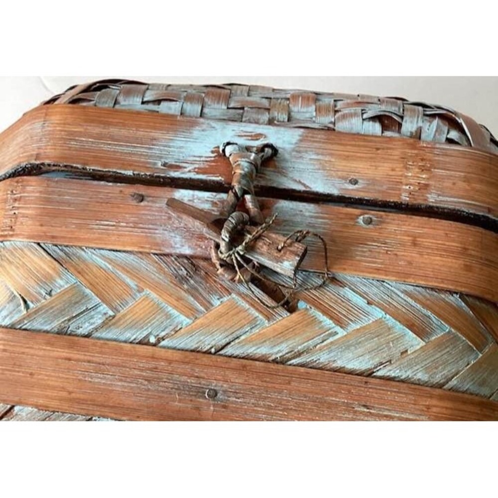 Chinese Woven Rattan Chest Basket Storage Lid Wedding Handle Decor Blue Washwash - Picture 8 of 12